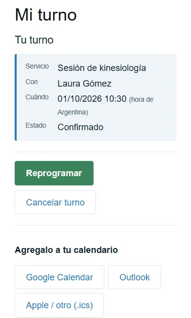 Pantalla Mi turno con el turno confirmado, los botones Reprogramar y Cancelar turno, y las opciones para agregarlo a Google Calendar, Outlook o Apple.