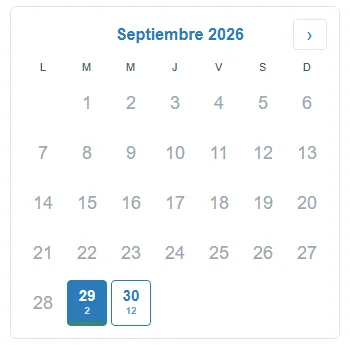 Calendario de septiembre con dos días marcados como disponibles.