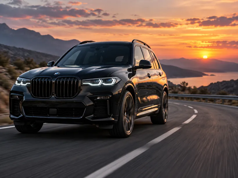 Black SUV on a mountain road at sunset
