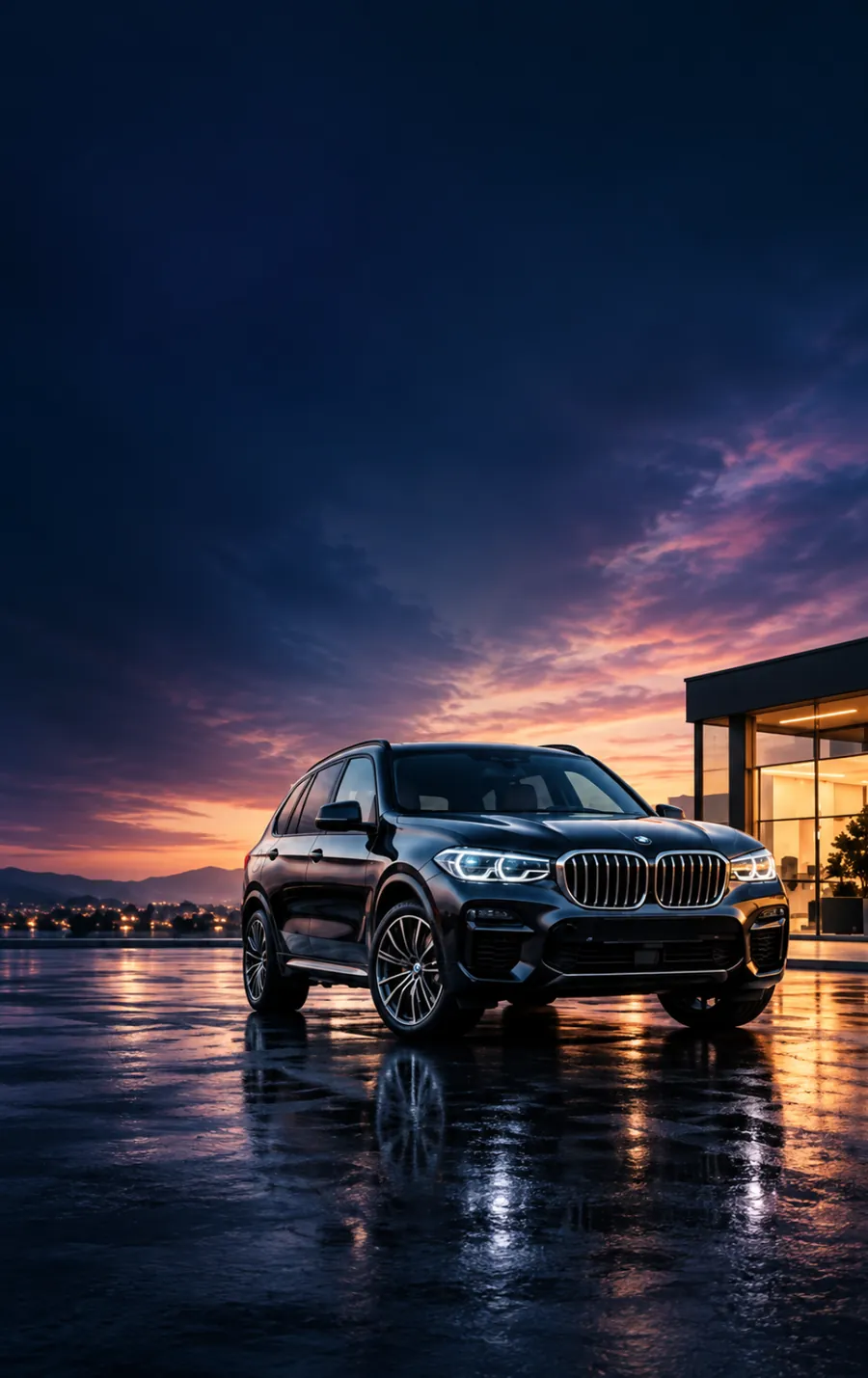 Black SUV parked outside a lit dealership at dusk
