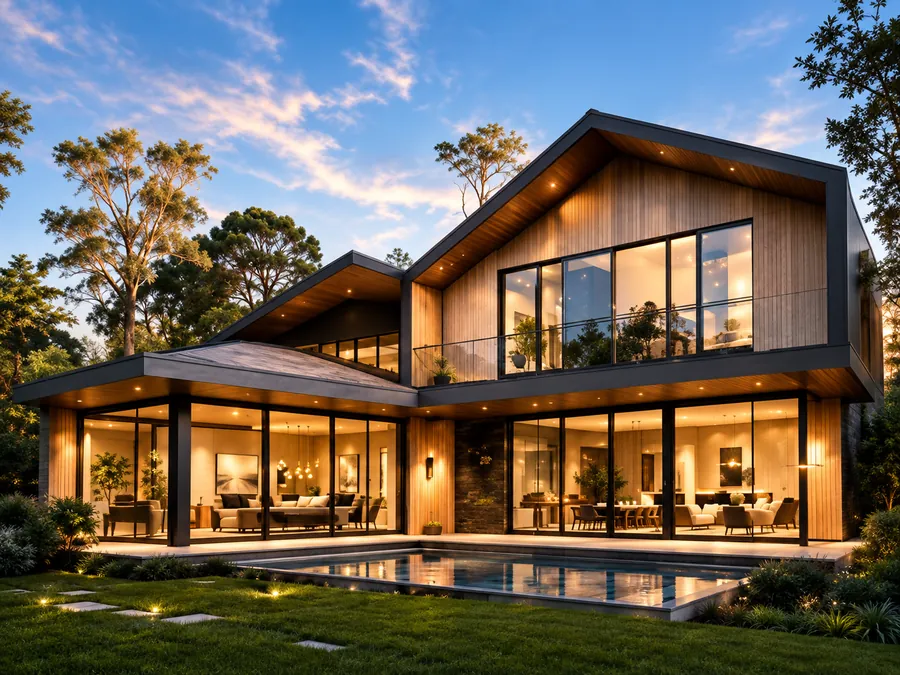 Modern family home with large windows at dusk