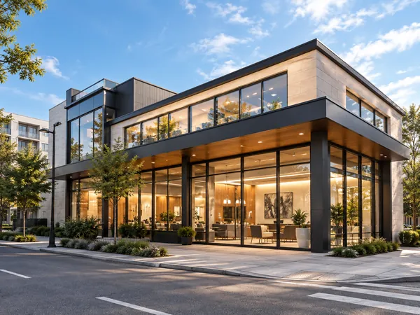 Retail complex with wide glass frontage