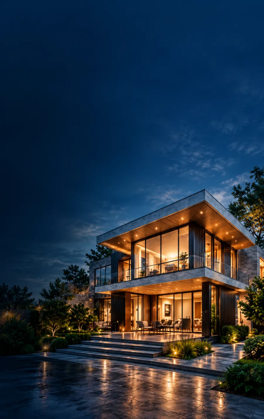 Modern two-storey house lit up at dusk