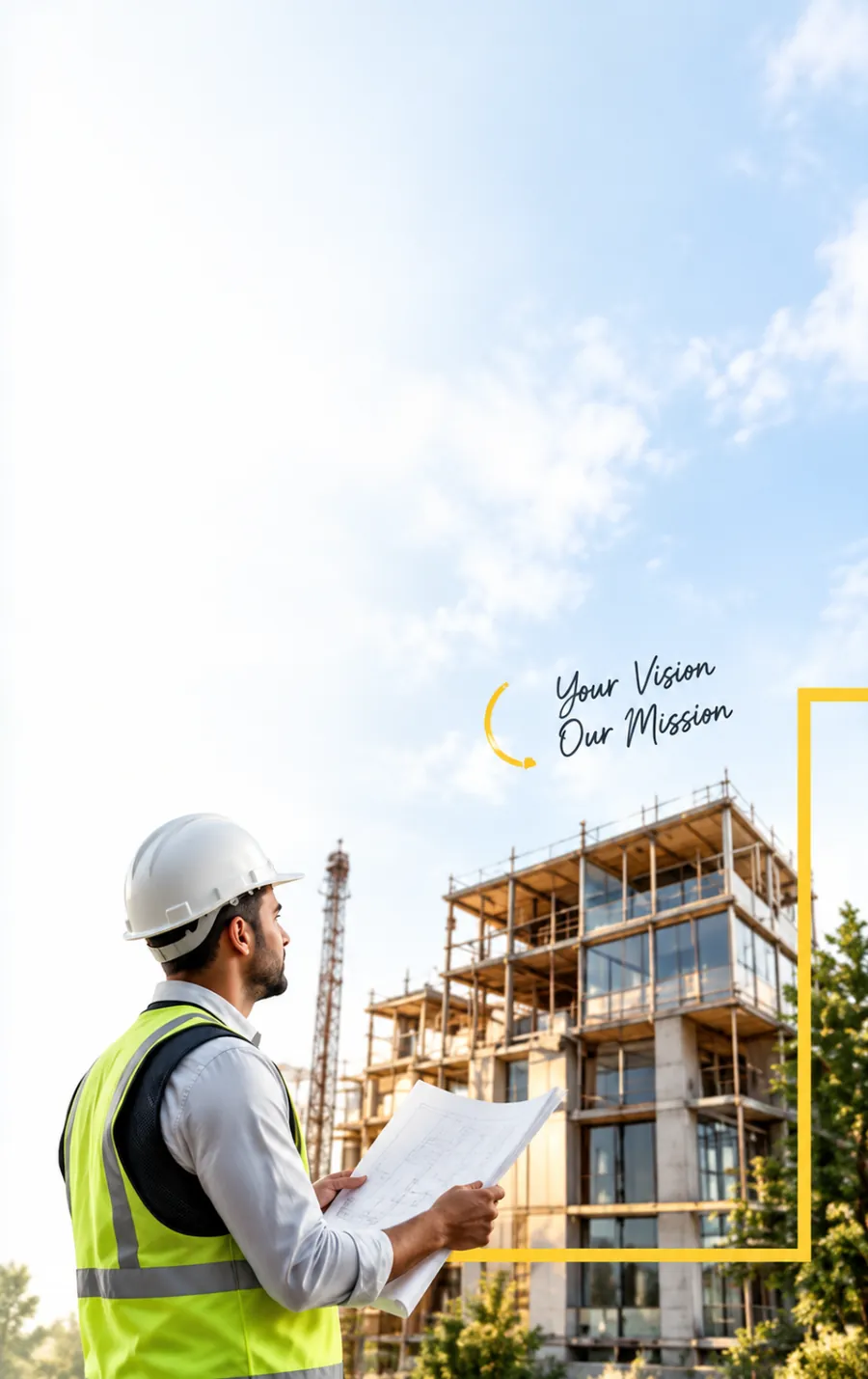Site engineer reviewing plans in front of a building under construction