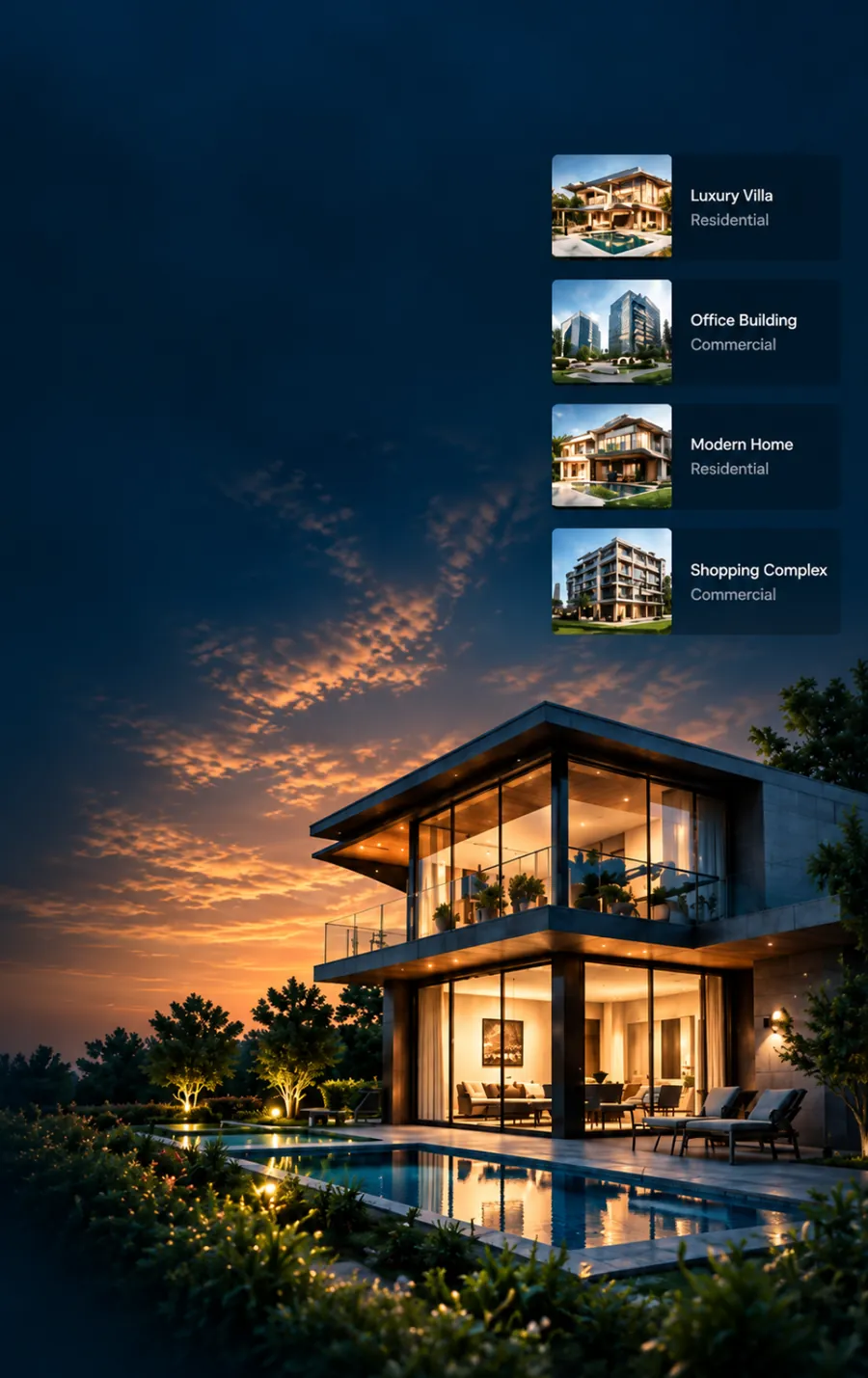 Modern house at sunset alongside a list of featured projects