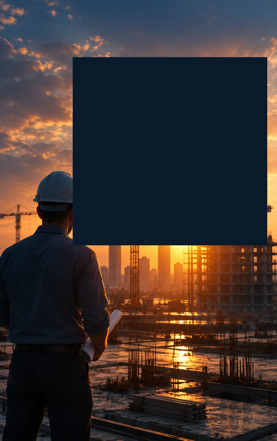 Construction worker looking over the site at sunset