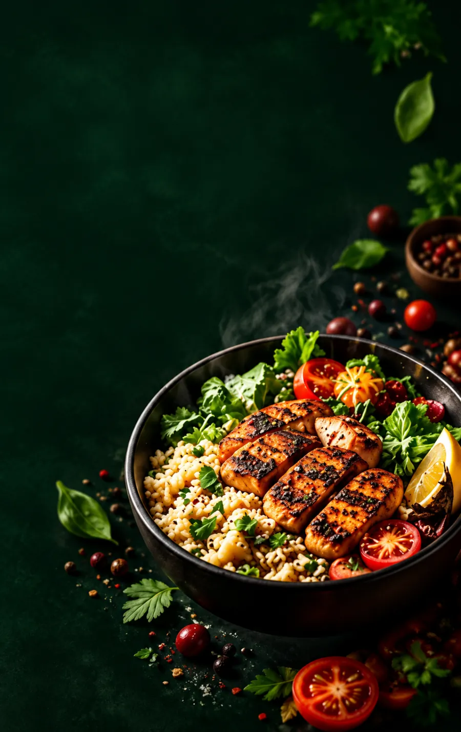 Bowl of grilled chicken with rice and vegetables