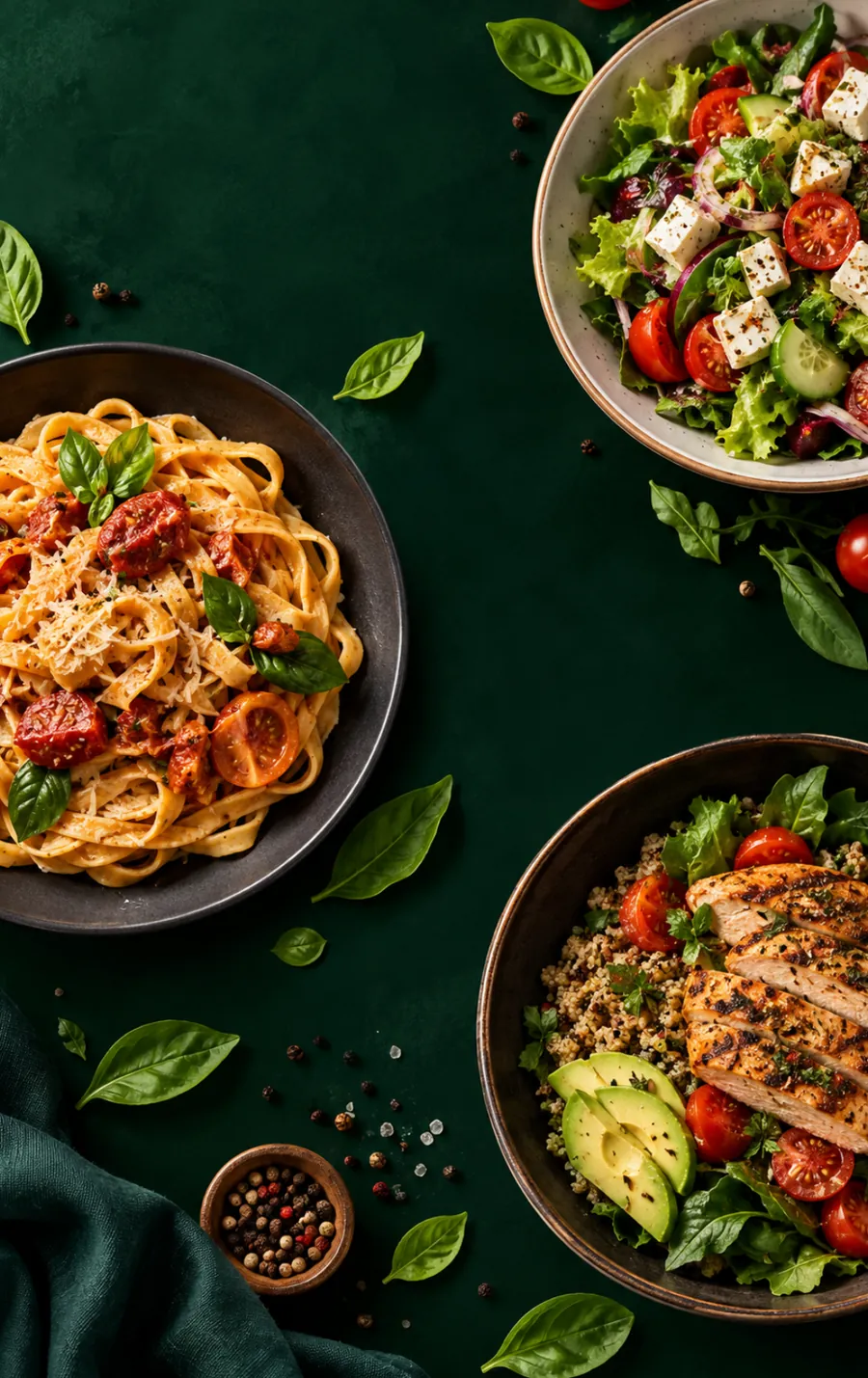Three bowls of food seen from above