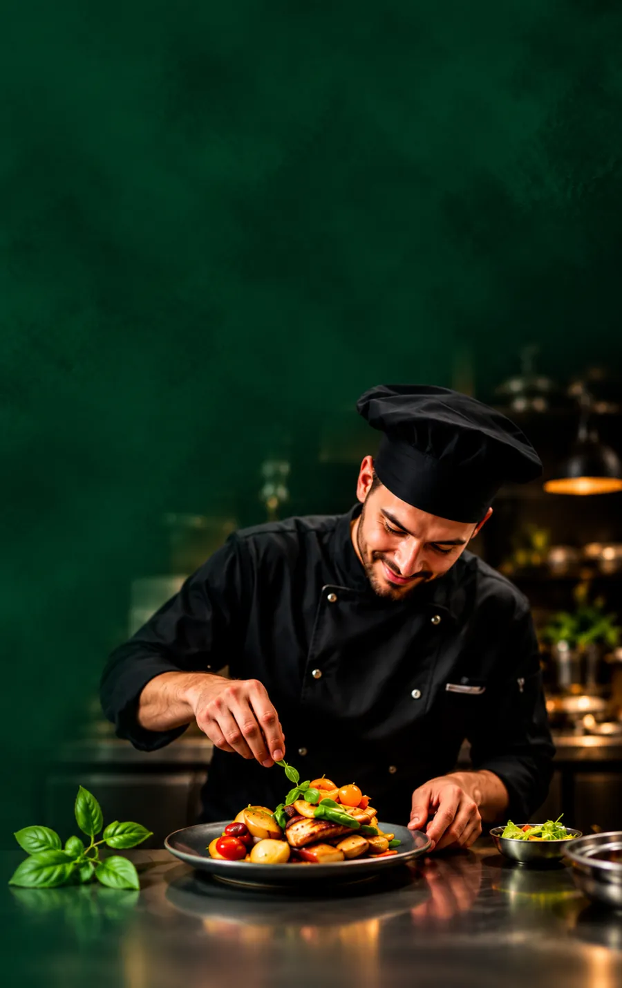 Chef plating a dish in the kitchen