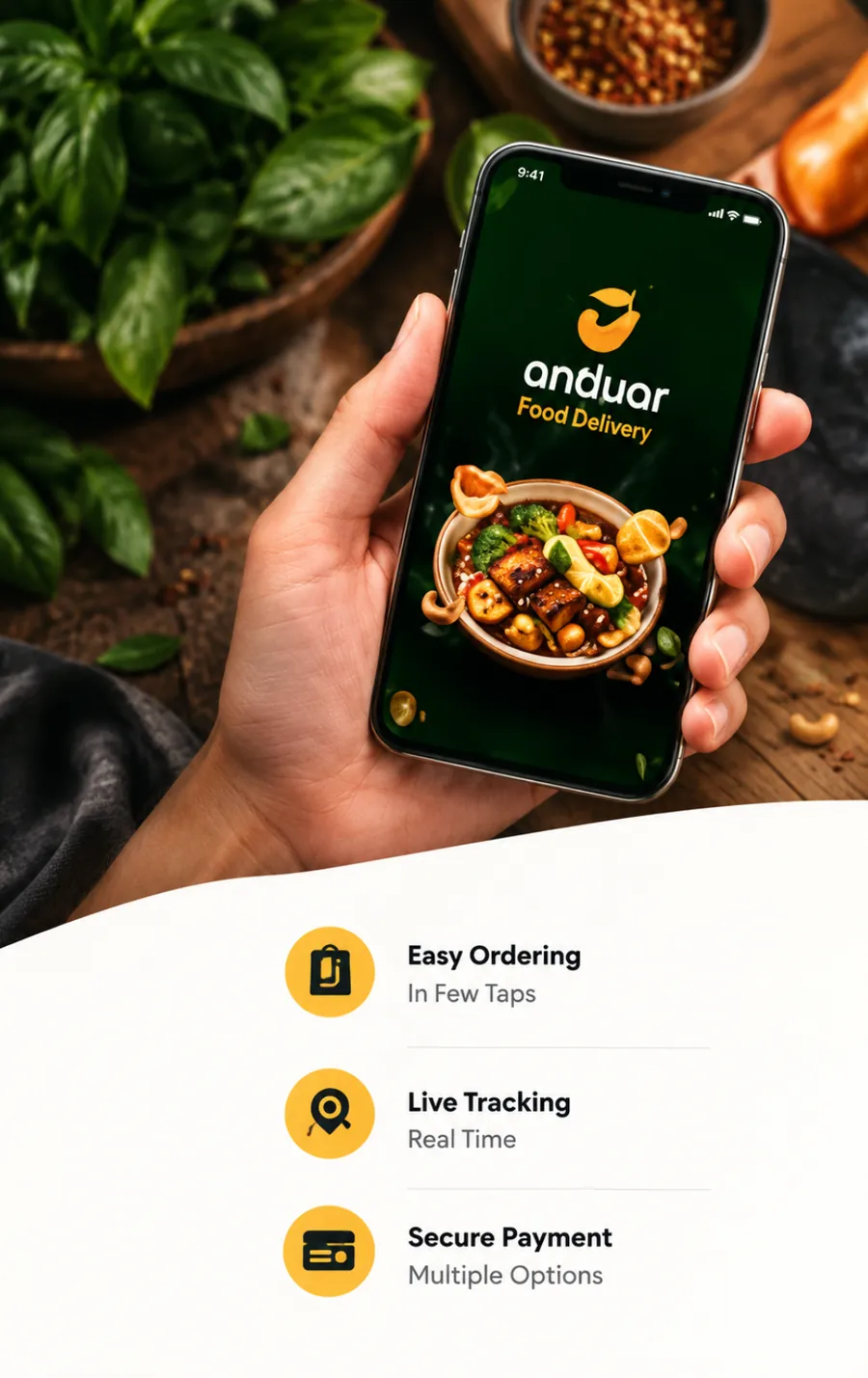 Hand holding a phone with the Sabora app open