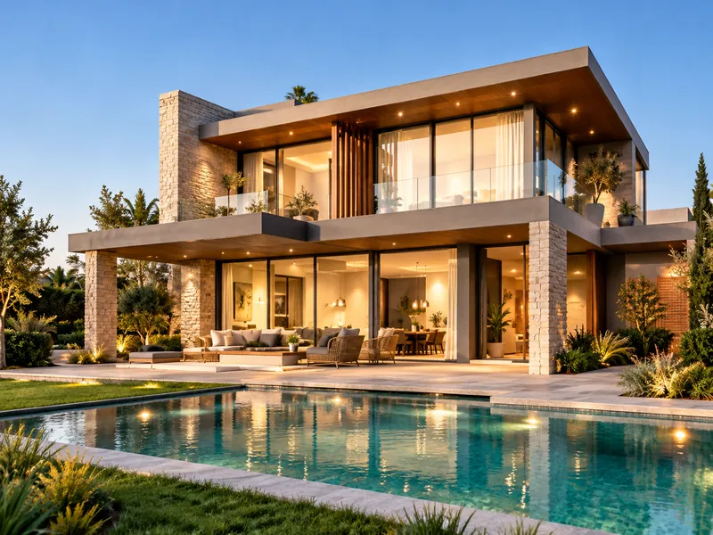 Villa contemporánea con pileta privada al atardecer