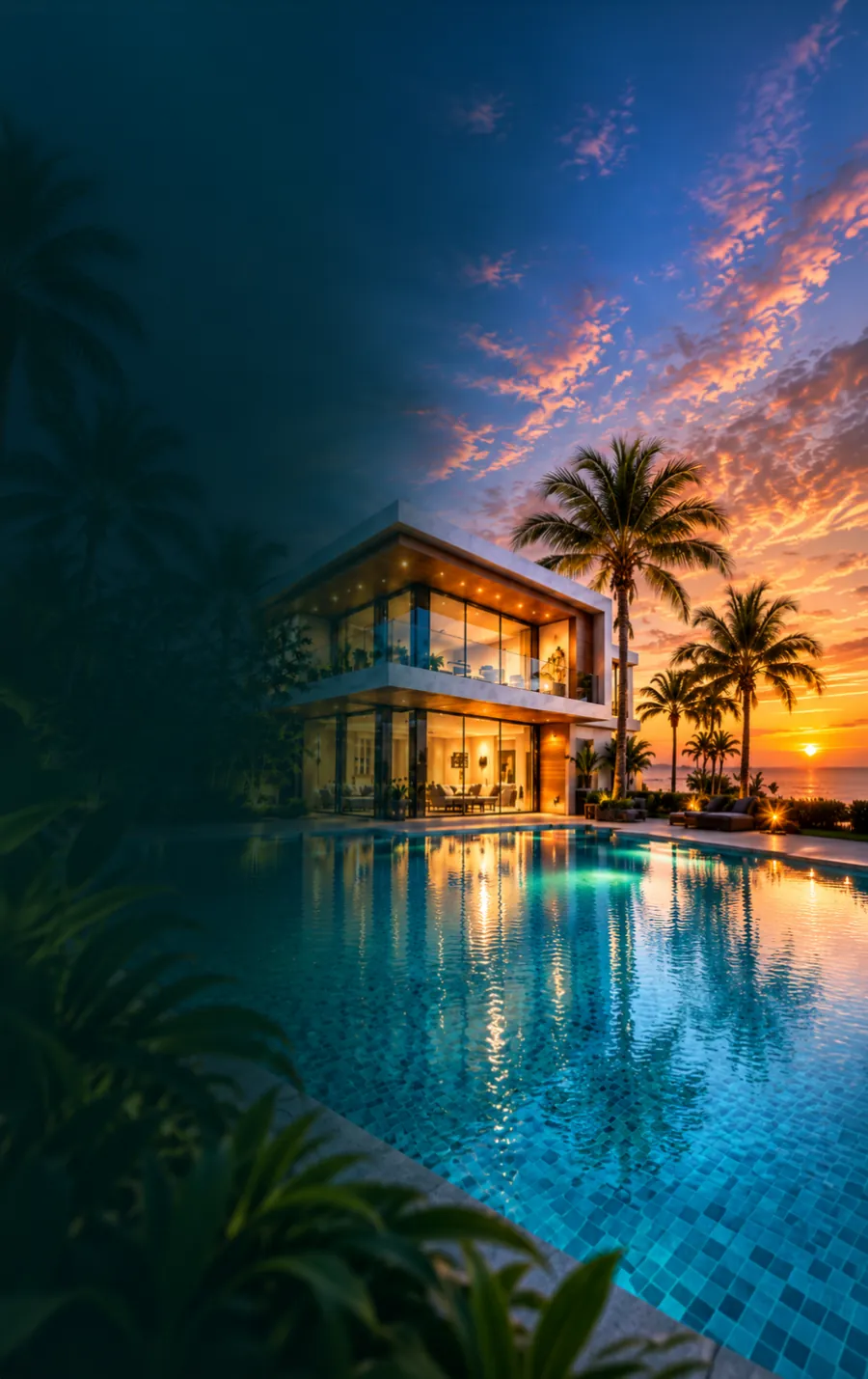 Villa de lujo con pileta infinity al atardecer