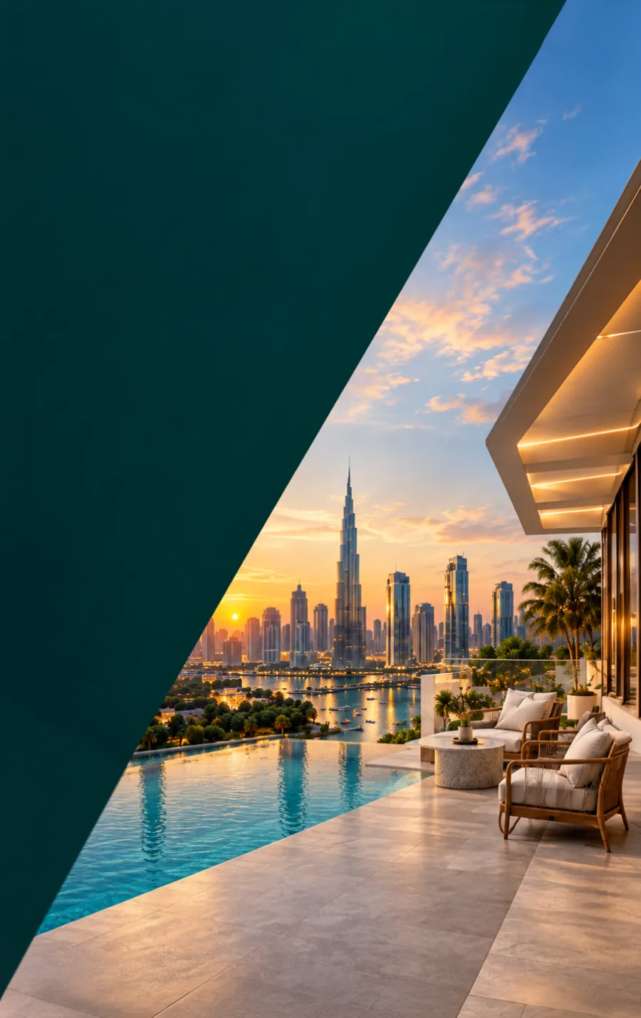 Terraza de un penthouse con vista al skyline al atardecer
