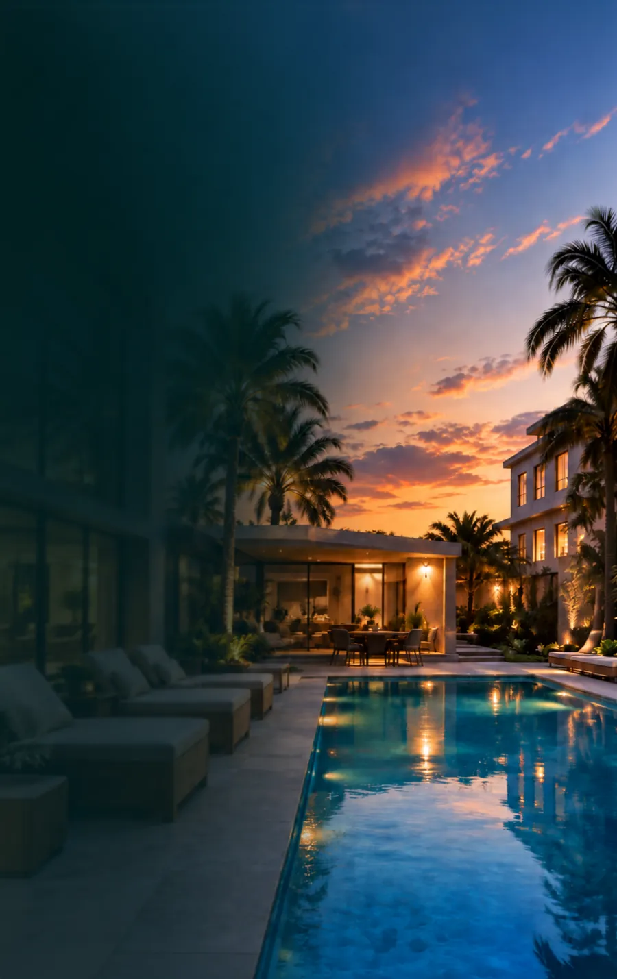 Conjunto residencial con pileta y reposeras al atardecer