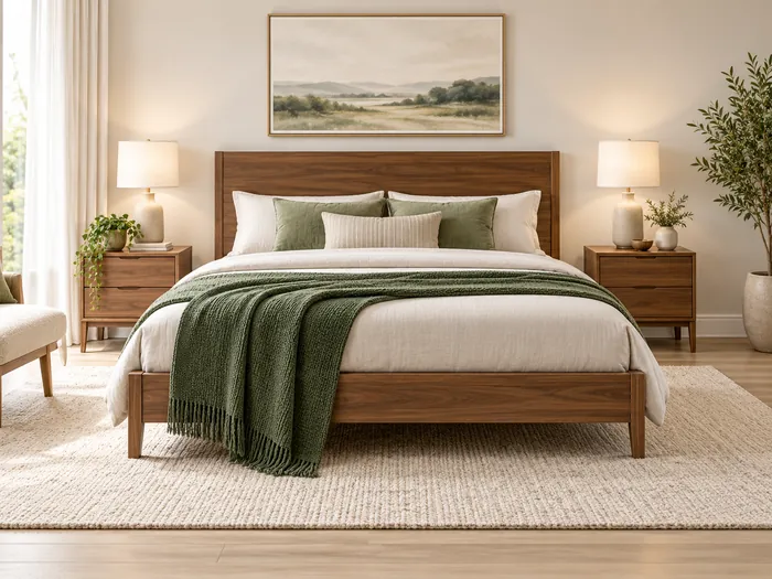 Cama de madera con acolchado verde