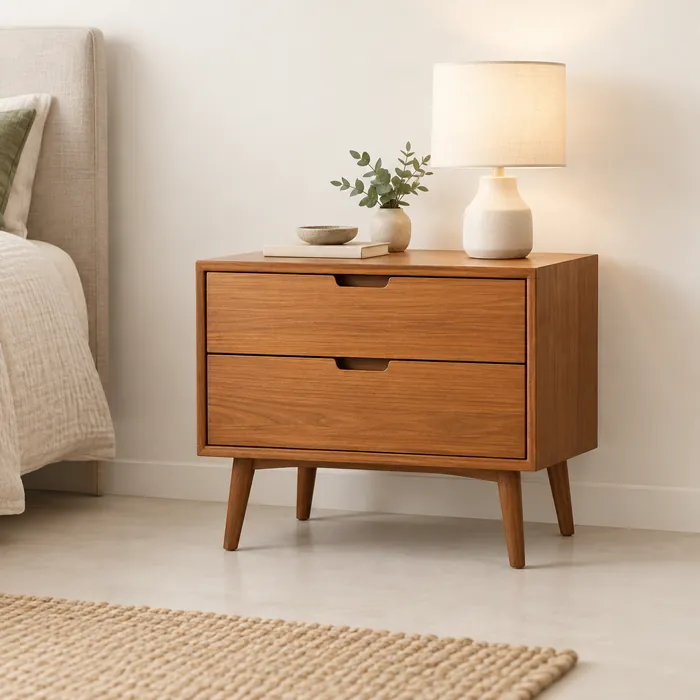 Mesa de luz de madera con lámpara