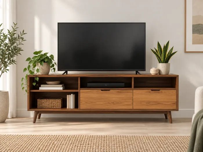 Mueble de TV de madera con televisor