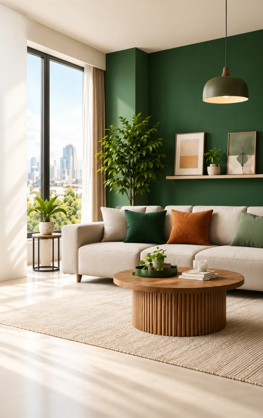 Living moderno con sofá beige, pared verde y ventanal a la ciudad