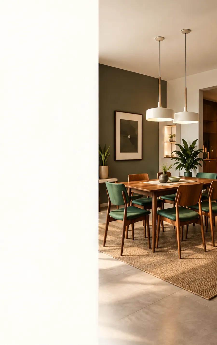 Comedor con mesa de madera y sillas tapizadas en verde