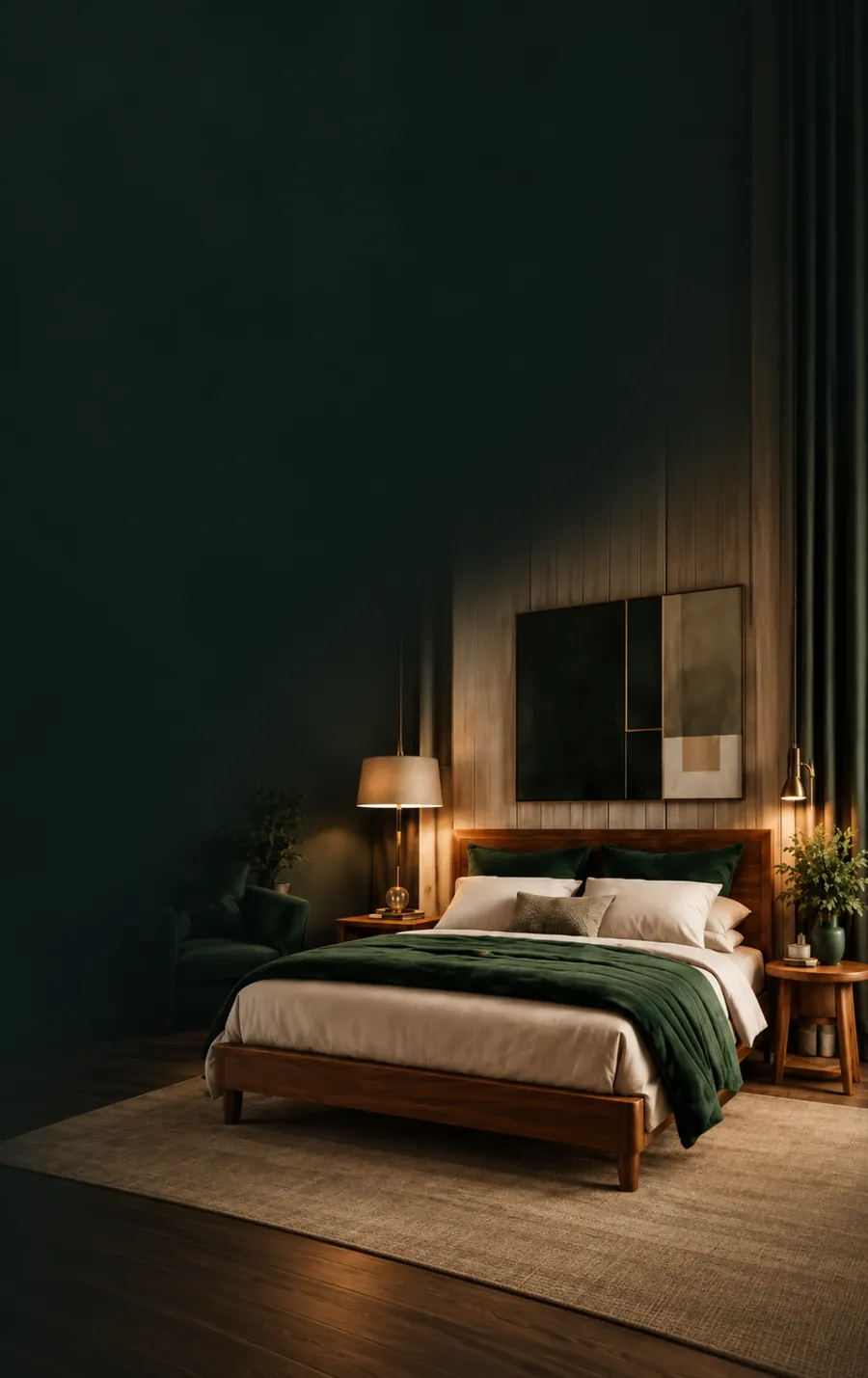 Dormitorio con cama de madera y acolchado verde