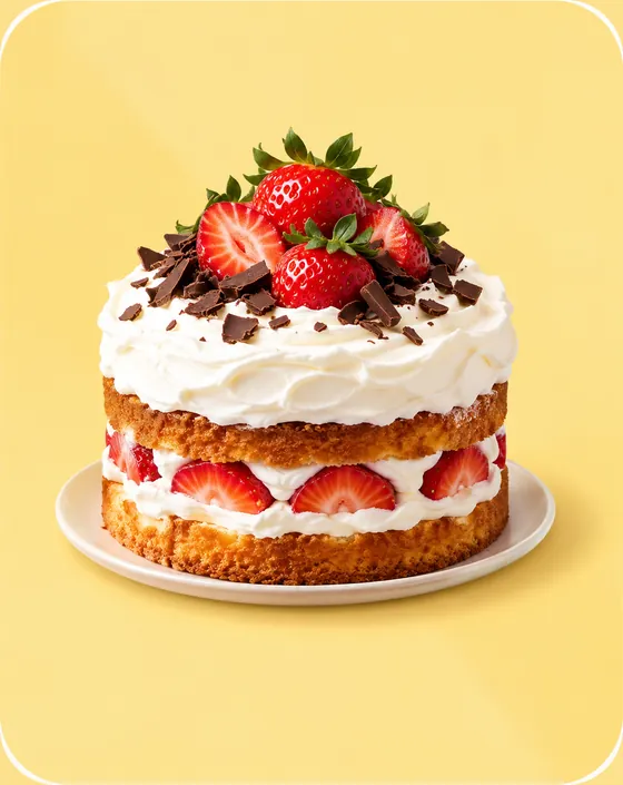Layer cake topped with cream and strawberries