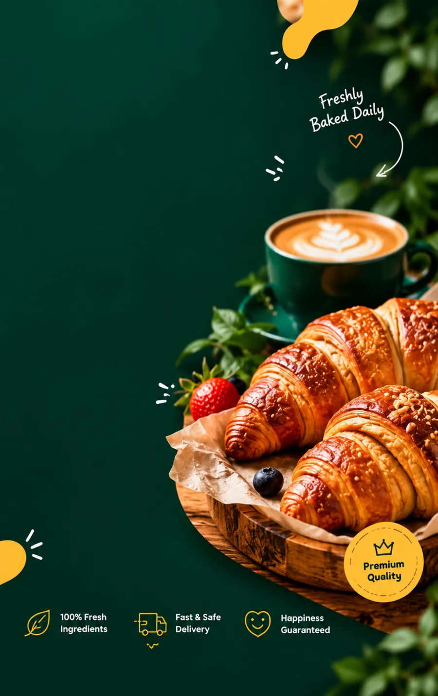 Freshly baked croissants on a wooden board next to a cup of coffee