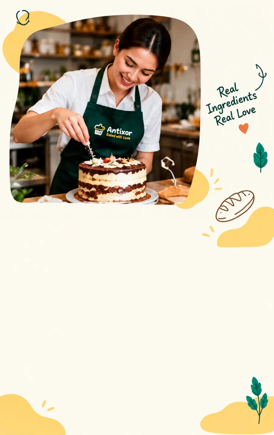 Baker decorating a layer cake in the bakery kitchen