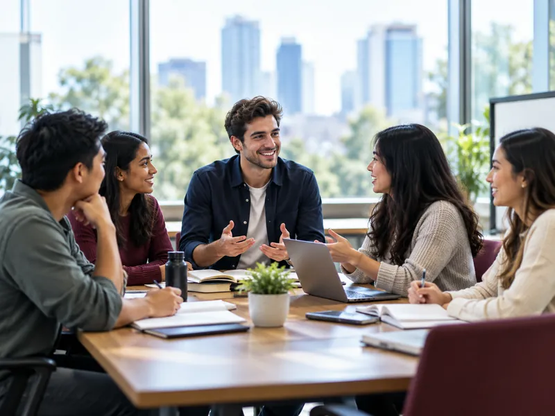 Estudiantes reunidos alrededor de una mesa de trabajo
