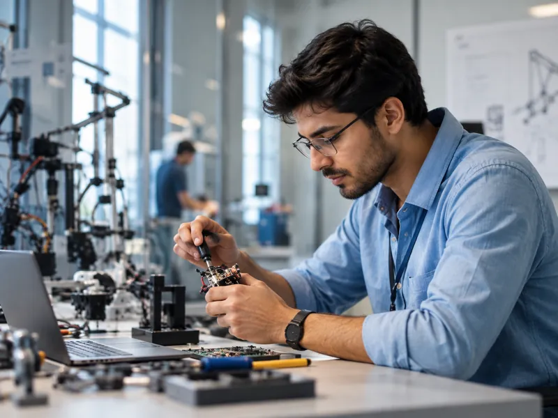 Estudiante armando un prototipo en el laboratorio de robótica