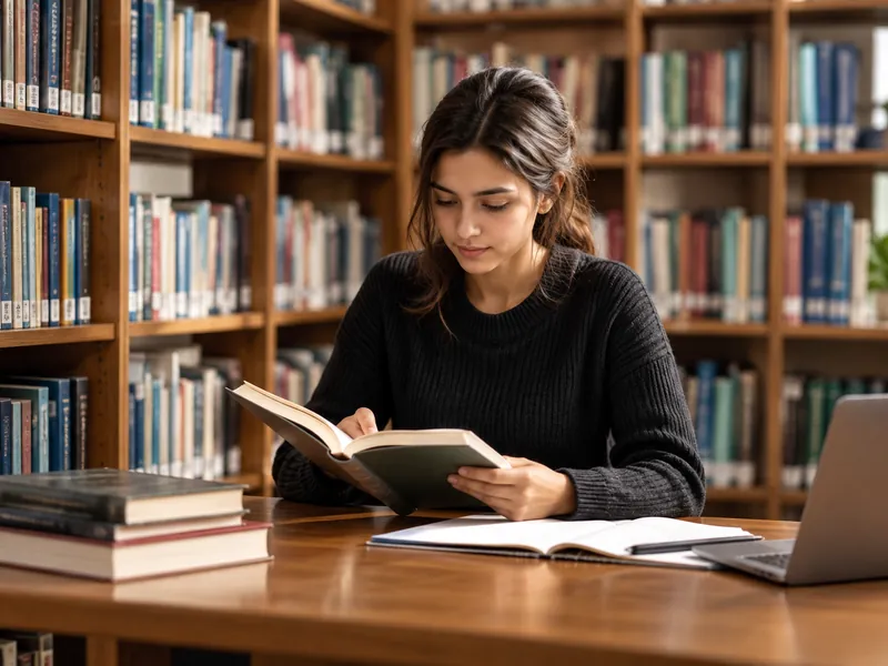 Estudiante leyendo entre las estanterías de la biblioteca