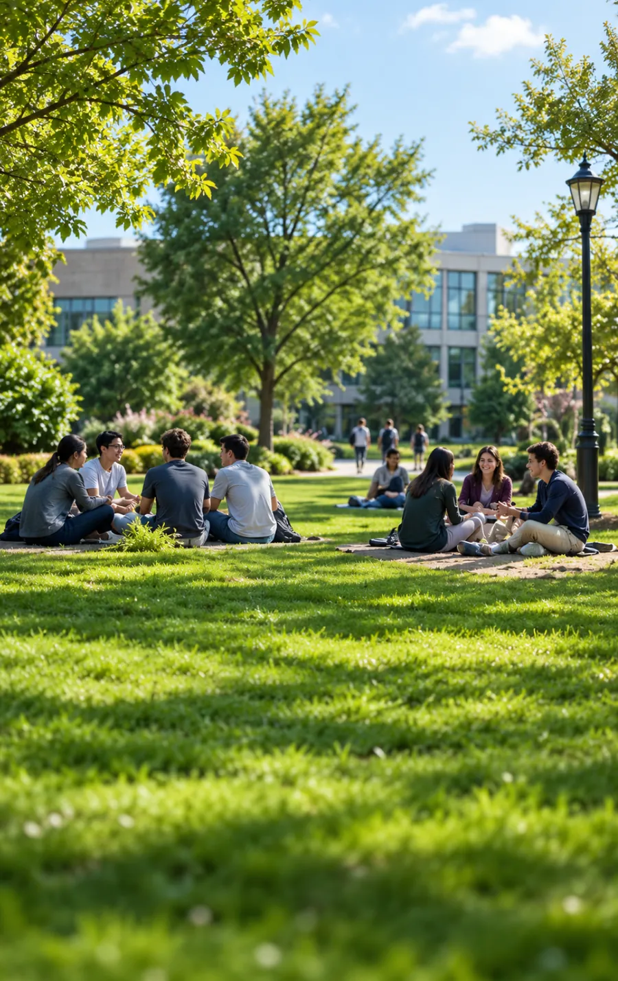 Estudiantes conversando sentados en el césped del campus
