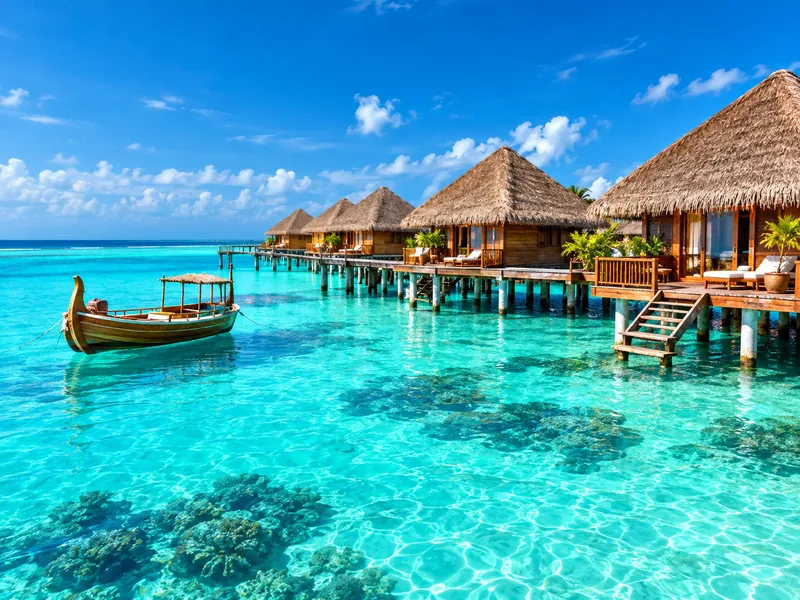 Bungalows sobre el agua turquesa en Maldivas