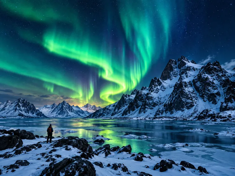 Aurora boreal sobre montañas nevadas