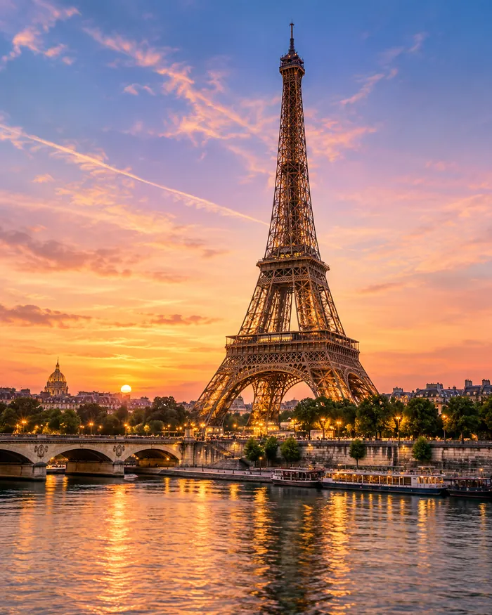 Torre Eiffel al atardecer sobre el Sena