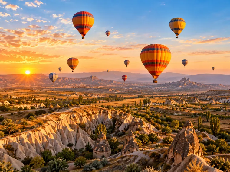 Globos aerostáticos al amanecer sobre un valle