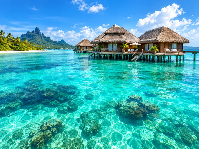 Bungalows sobre agua cristalina entre islas
