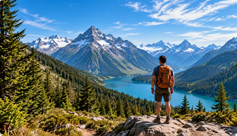 Excursionista frente a un lago rodeado de montañas nevadas
