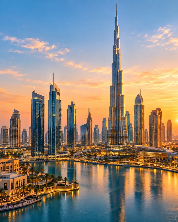 Skyline de Dubái con el Burj Khalifa al atardecer