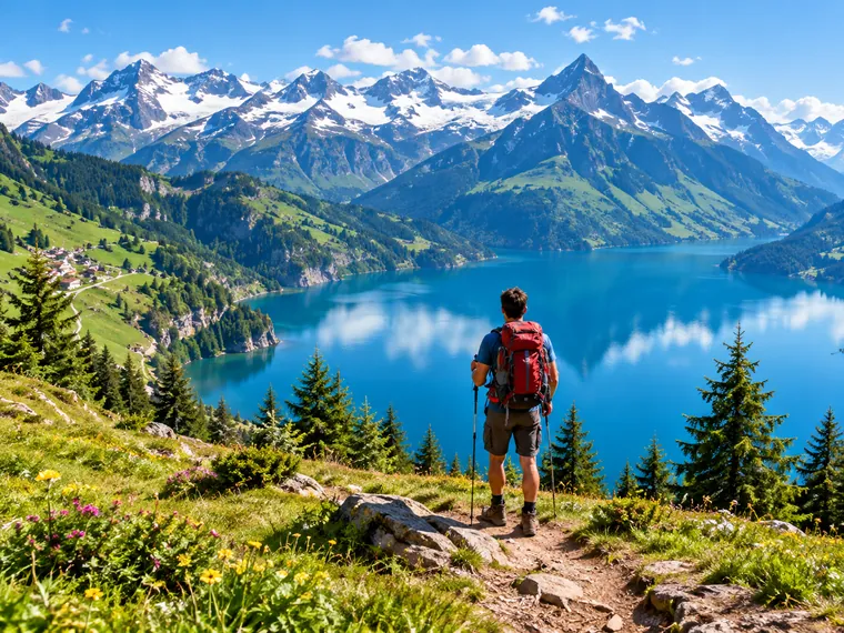 Excursionista frente a un lago rodeado de montañas