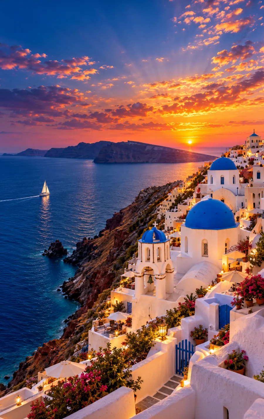Santorini al atardecer, con sus cúpulas azules sobre el mar Egeo