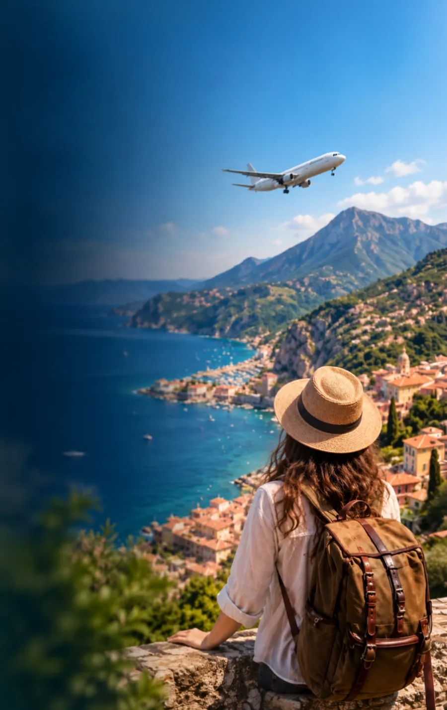 Viajera con mochila contemplando la bahía mientras un avión cruza el cielo