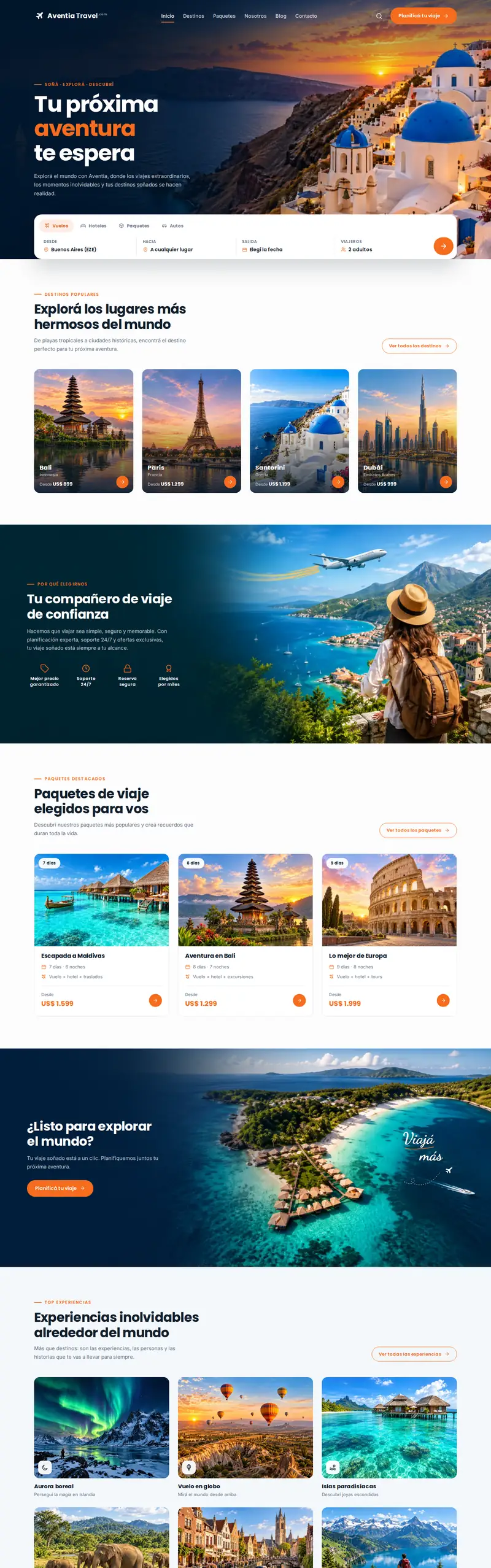 Home de Aventia Travel en computadora