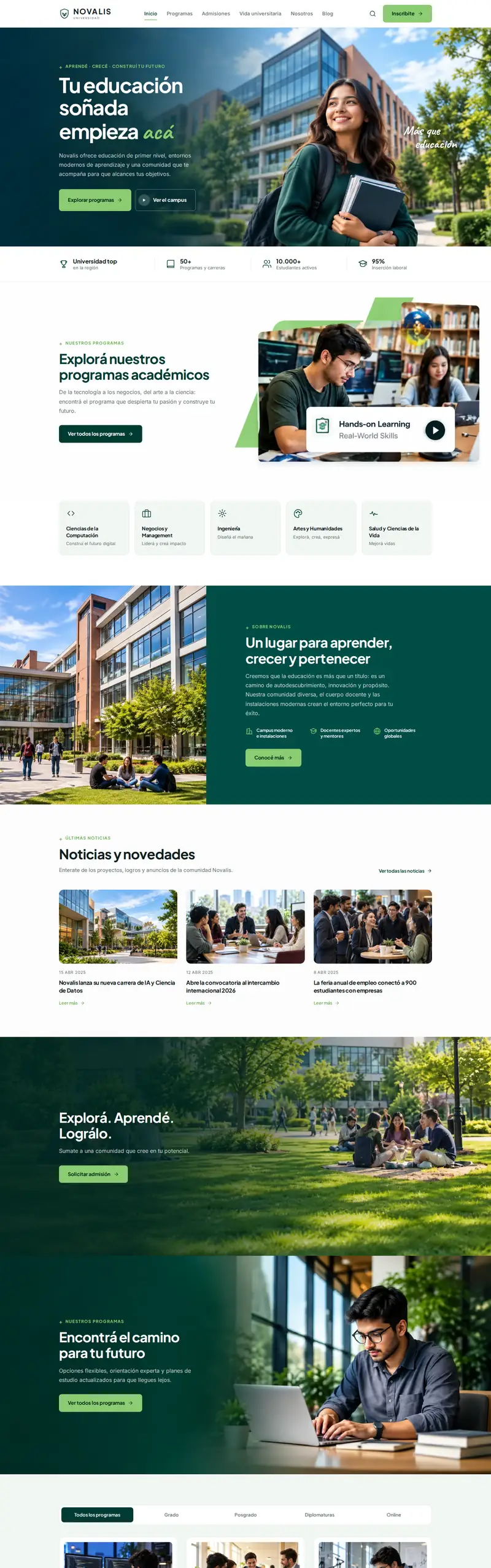 Home de la Universidad Novalis en computadora