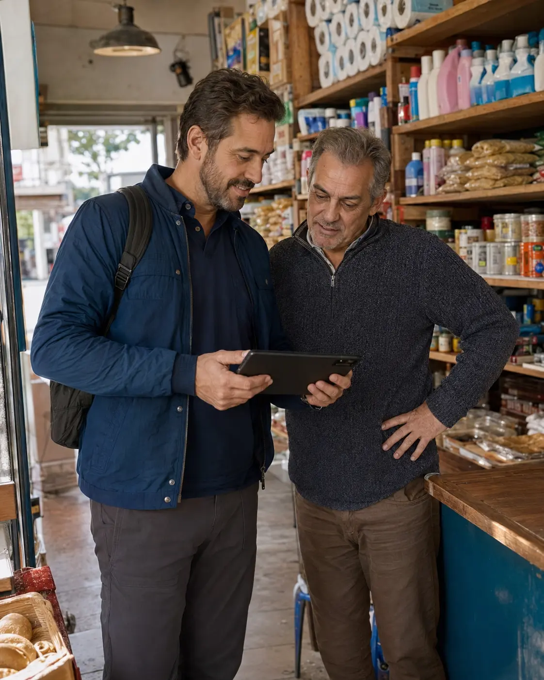 Vendedor tomando un pedido digital en un comercio de barrio